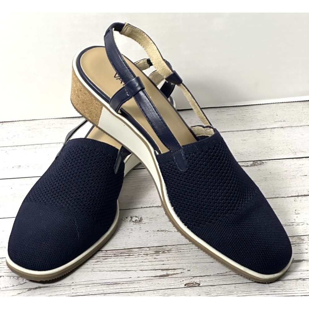 Vaneli Greer‎ Sandals(9.5 M) Stretch Knit Slingback Wedge Round Toe Navy Blue